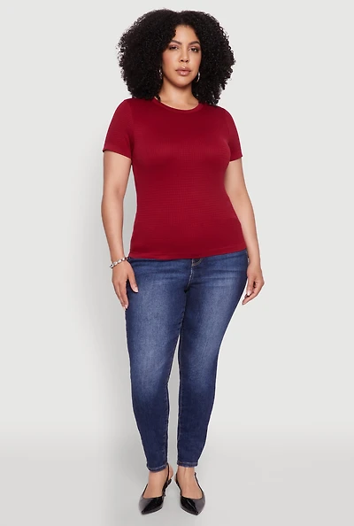 Womens Plus Size Seamless Textured Knit Crew Neck T-Shirt, Burgundy, Size 2X-3X
