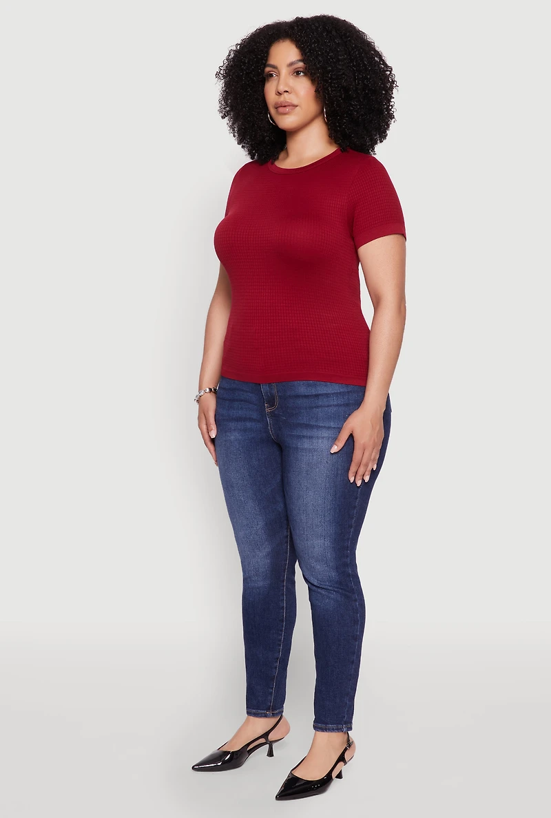 Womens Plus Size Seamless Textured Knit Crew Neck T-Shirt, Burgundy, Size 2X-3X