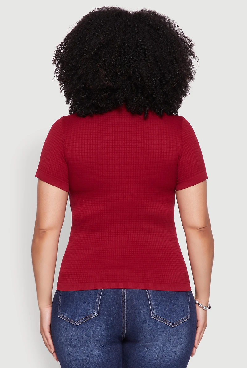 Womens Plus Size Seamless Textured Knit Crew Neck T-Shirt, Burgundy, Size 2X-3X