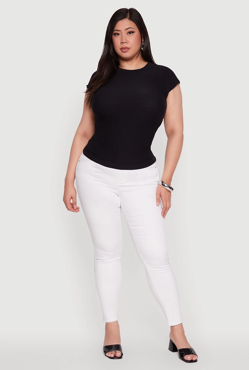 Womens Plus Size Textured Knit Side Ruched Short Sleeve Top, Black, Size 2X-3X