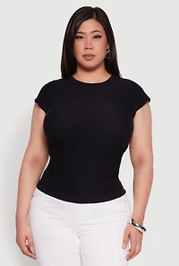 Womens Plus Size Textured Knit Side Ruched Short Sleeve Top, Black, Size 2X-3X
