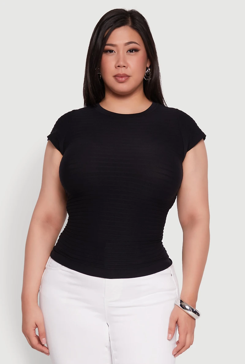Womens Plus Textured Knit Side Ruched Short Sleeve Top,