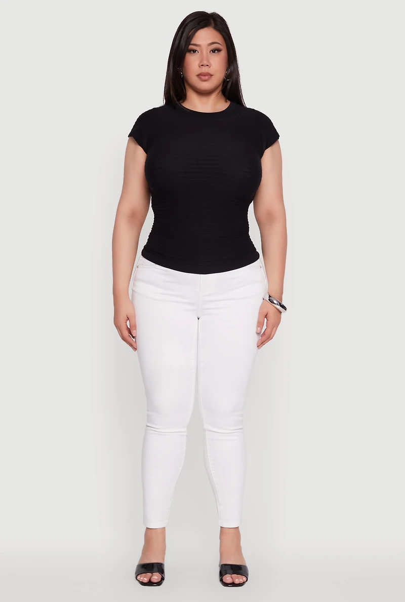 Womens Plus Textured Knit Side Ruched Short Sleeve Top,