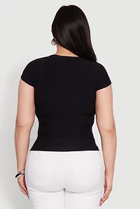Womens Plus Size Textured Knit Side Ruched Short Sleeve Top, Black, Size 1X-2X