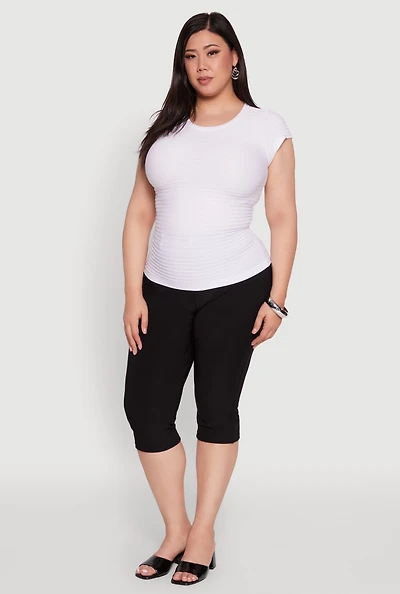 Womens Plus Size Textured Knit Side Ruched Short Sleeve Top, White, Size 1X-2X