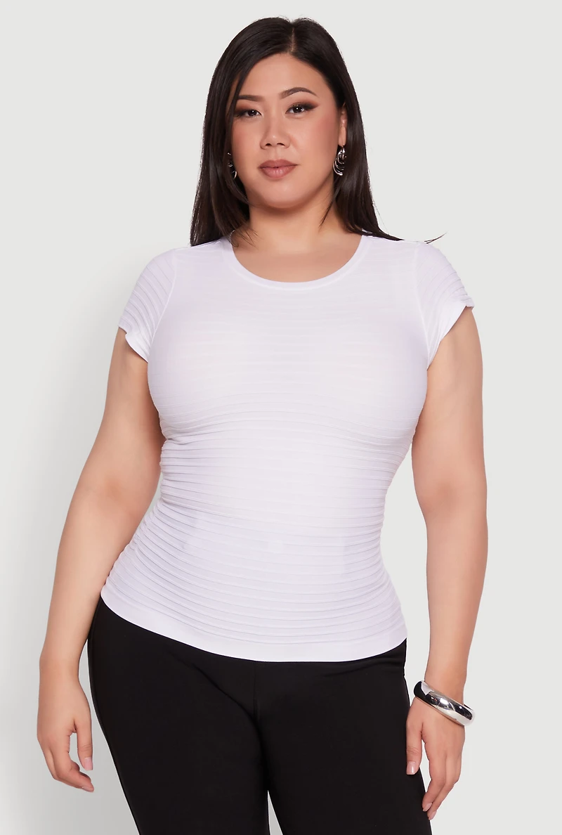 Womens Plus Size Textured Knit Side Ruched Short Sleeve Top, White, Size 1X-2X