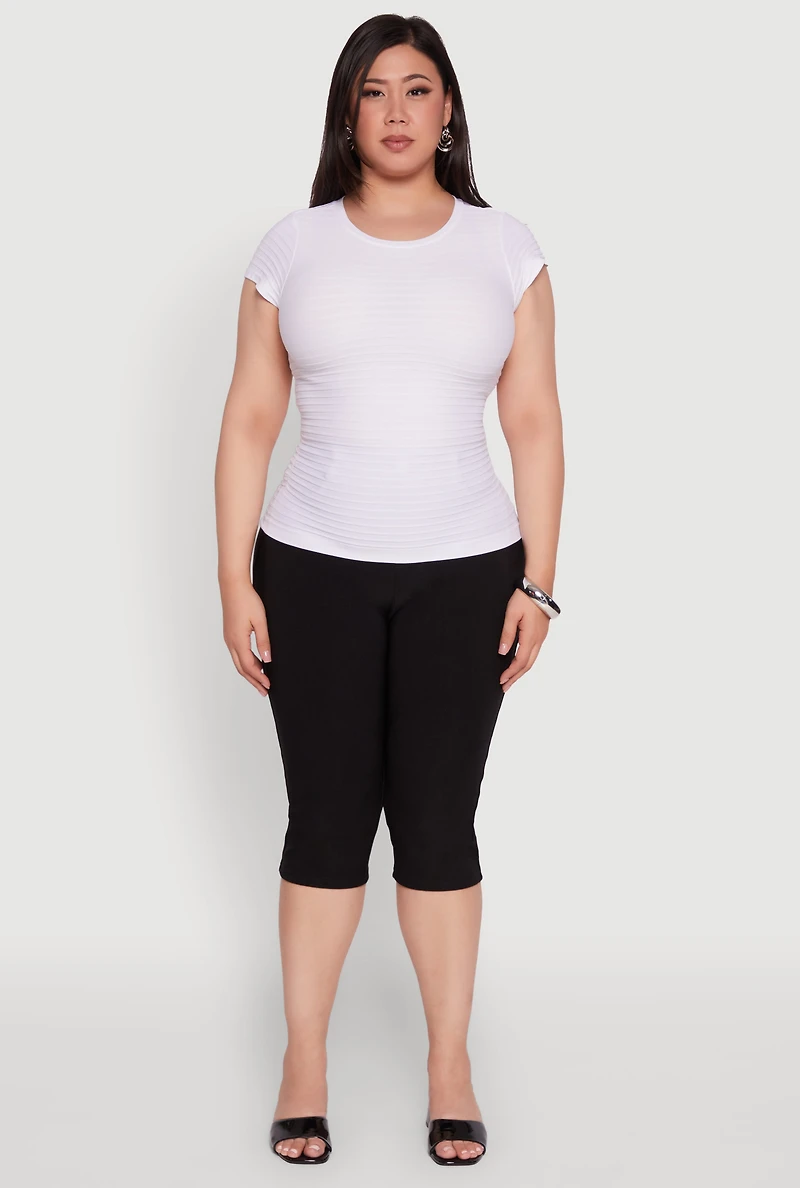 Womens Plus Size Textured Knit Side Ruched Short Sleeve Top, White, Size 1X-2X