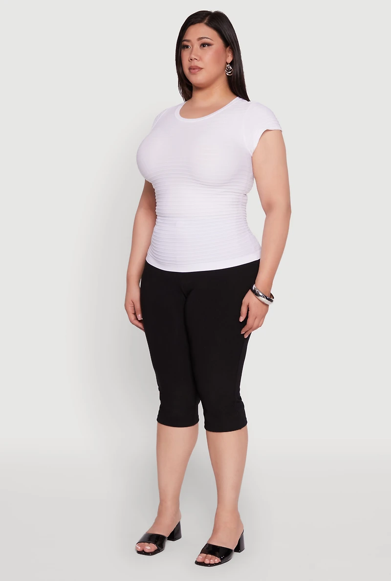 Womens Plus Size Textured Knit Side Ruched Short Sleeve Top, White, Size 2X-3X