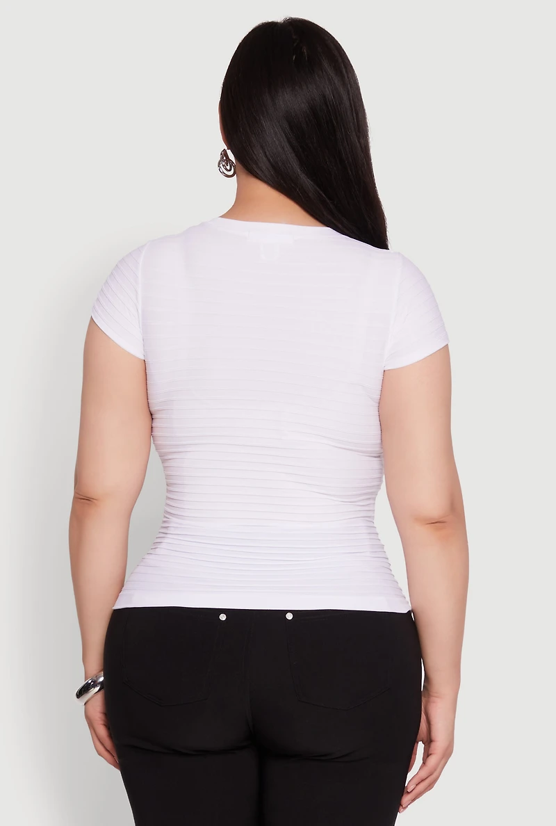 Womens Plus Size Textured Knit Side Ruched Short Sleeve Top, White, Size 1X-2X