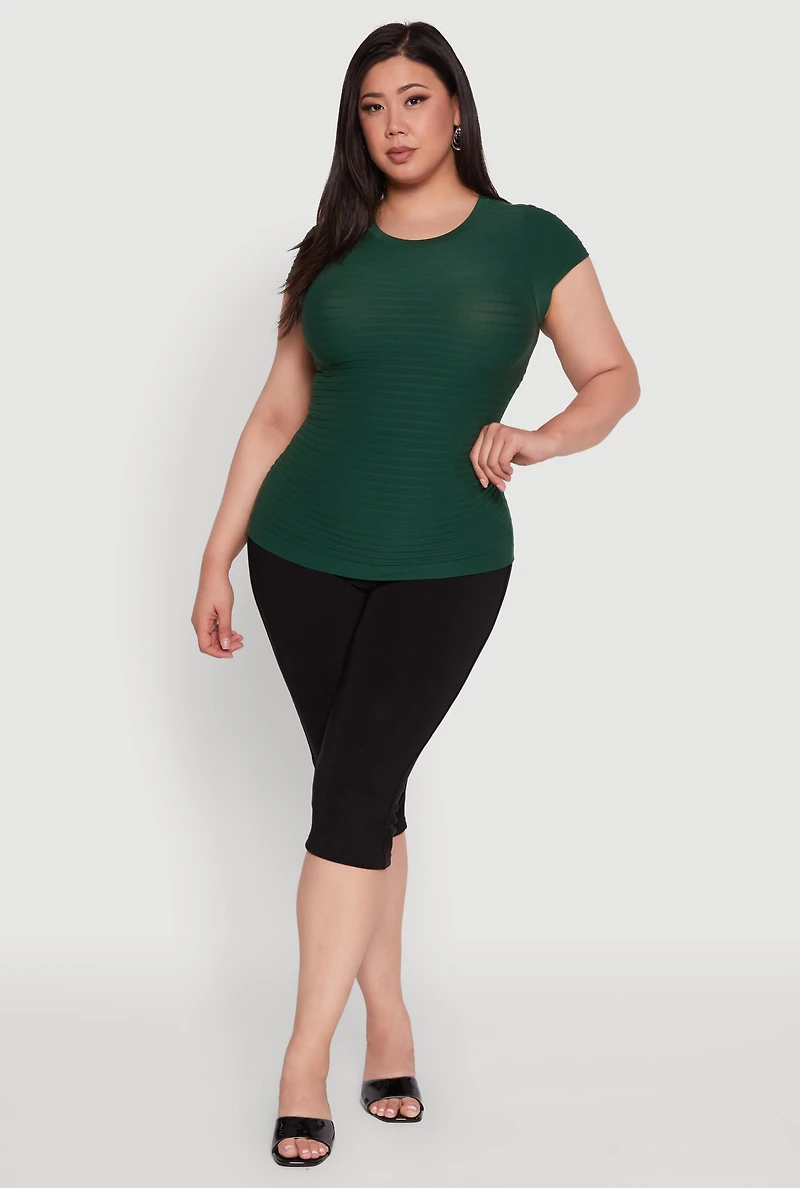 Womens Plus Size Textured Knit Side Ruched Short Sleeve Top, Green, Size 2X-3X