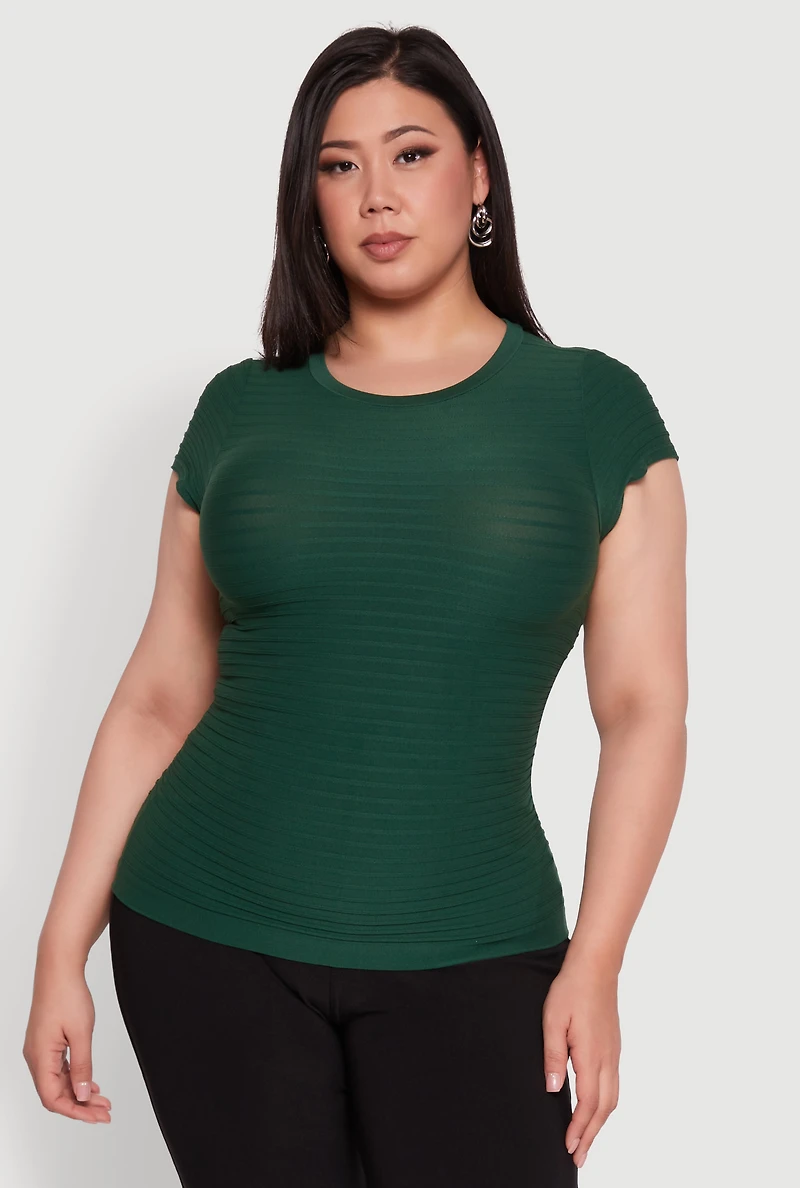 Womens Plus Size Textured Knit Side Ruched Short Sleeve Top, Green, Size 2X-3X