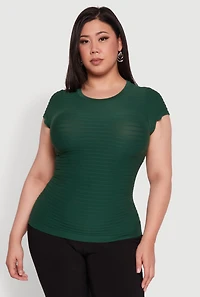 Womens Plus Size Textured Knit Side Ruched Short Sleeve Top, Green, Size 2X-3X