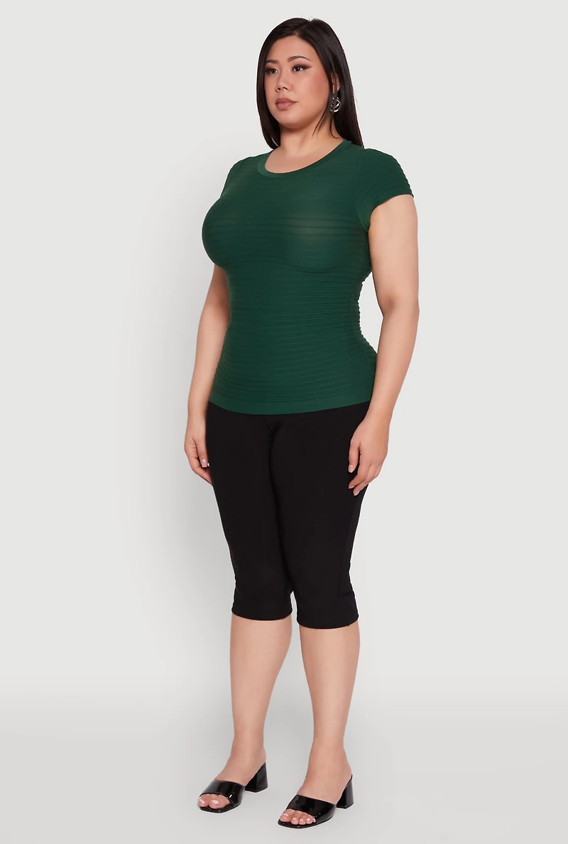 Womens Plus Size Textured Knit Side Ruched Short Sleeve Top, Green, Size 2X-3X