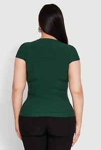 Womens Plus Size Textured Knit Side Ruched Short Sleeve Top, Green, Size 2X-3X