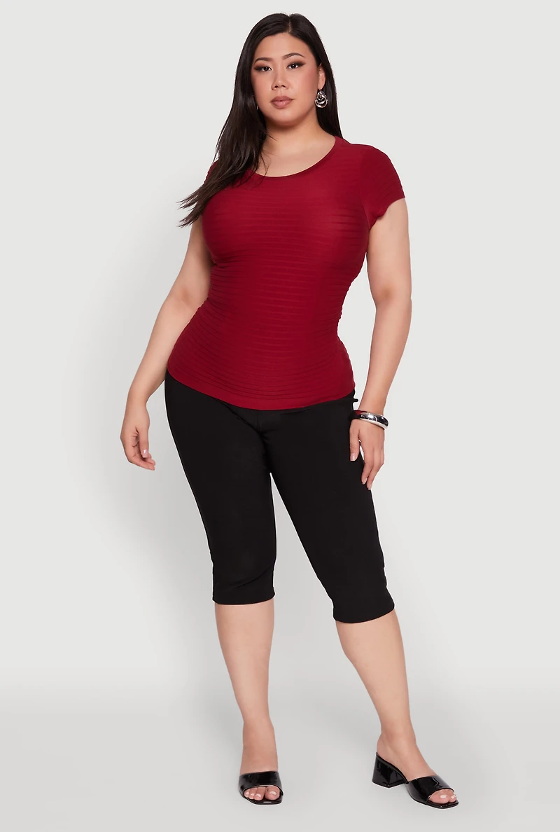 Womens Plus Size Textured Knit Side Ruched Short Sleeve Top, Burgundy, Size 1X-2X