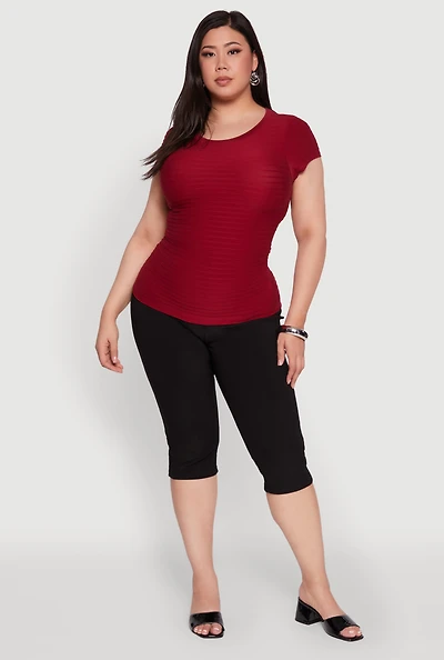 Womens Plus Size Textured Knit Side Ruched Short Sleeve Top, Burgundy, Size 1X-2X