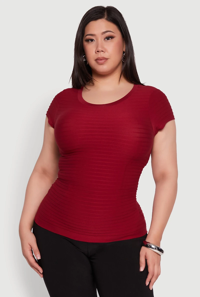 Womens Plus Size Textured Knit Side Ruched Short Sleeve Top, Burgundy, Size 1X-2X