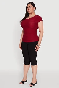 Womens Plus Size Textured Knit Side Ruched Short Sleeve Top, Burgundy, Size 1X-2X