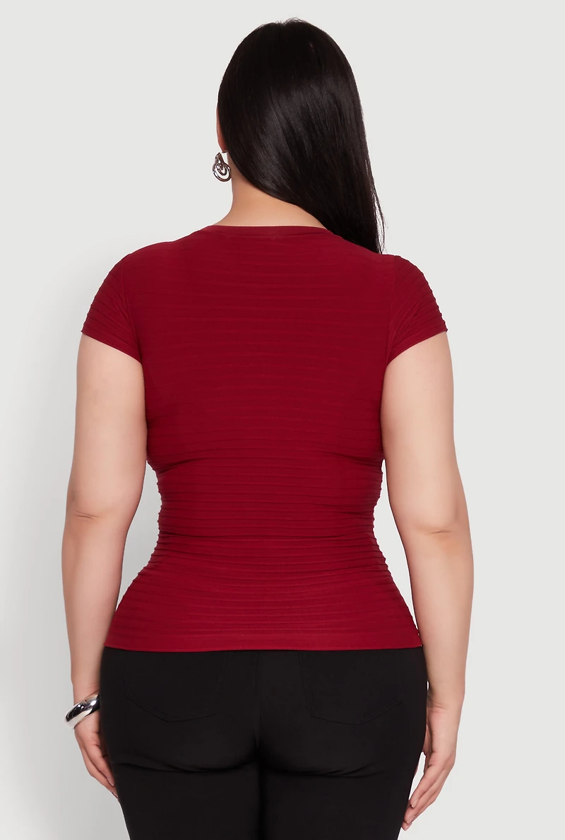 Womens Plus Size Textured Knit Side Ruched Short Sleeve Top, Burgundy, Size 1X-2X