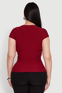 Womens Plus Size Textured Knit Side Ruched Short Sleeve Top, Burgundy, Size 1X-2X