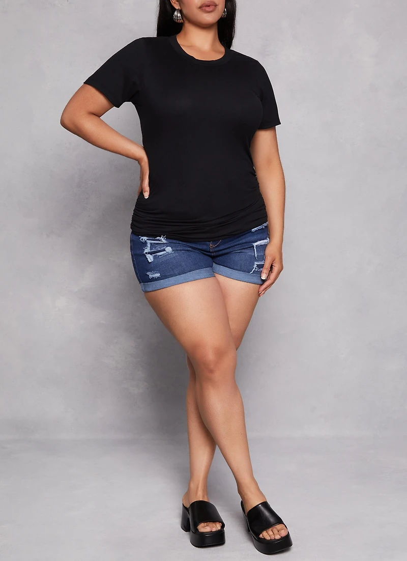 Plus Basic Ruched Side Crew Neck Tee