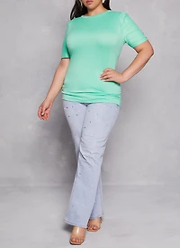 Womens Plus Size Basic Crew Neck Ruched Side Tee, Green, Size 1X