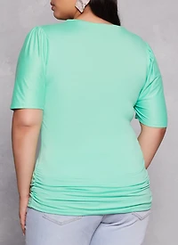 Womens Plus Size Basic Crew Neck Ruched Side Tee, Green, Size 1X