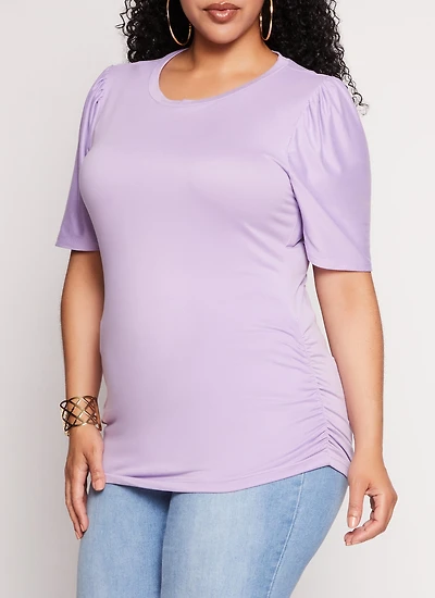 Womens Plus Size Basic Crew Neck Ruched Side Tee, Purple, Size 1X
