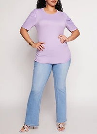 Womens Plus Size Basic Crew Neck Ruched Side Tee, Purple, Size 1X