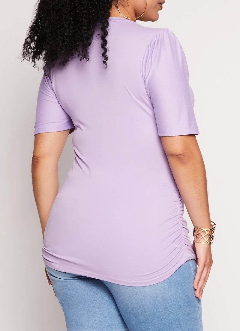 Womens Plus Size Basic Crew Neck Ruched Side Tee, Purple, Size 1X