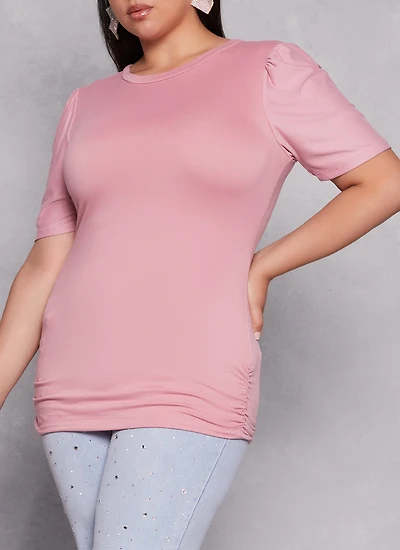 Womens Plus Size Basic Crew Neck Ruched Side Tee, Pink, Size 1X