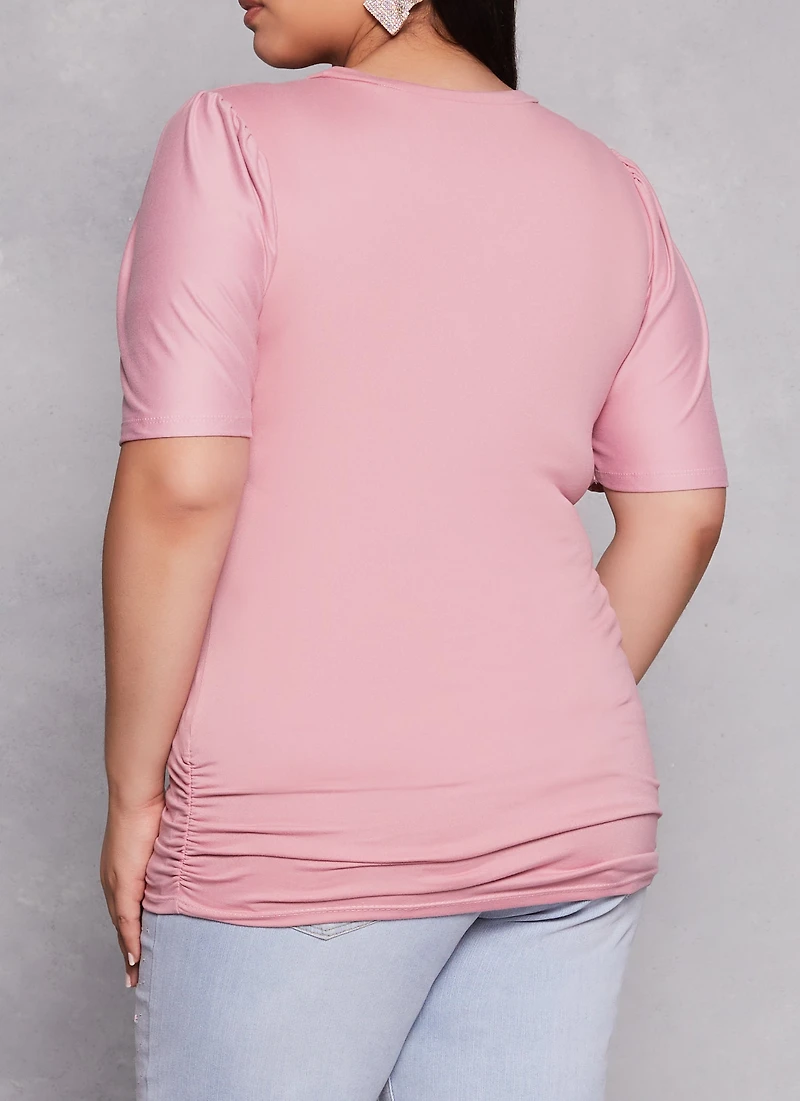 Womens Plus Size Basic Crew Neck Ruched Side Tee, Pink, Size 1X
