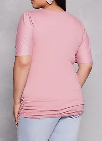 Womens Plus Size Basic Crew Neck Ruched Side Tee, Pink, Size 1X