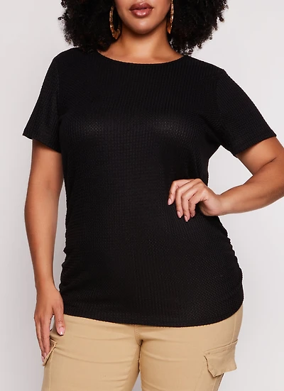 Womens Plus Size Waffle Knit Crew Neck Ruched Tee, Black, Size 2X
