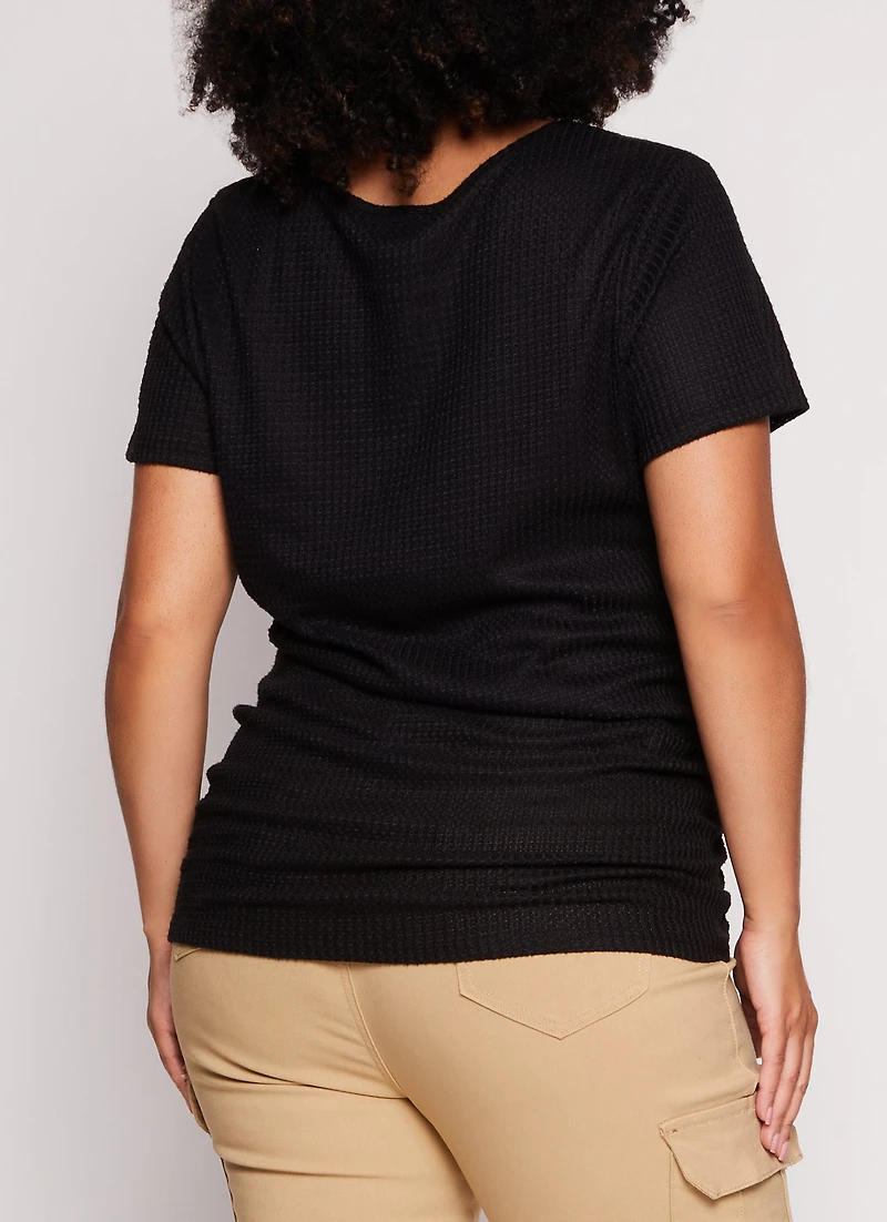 Womens Plus Size Waffle Knit Crew Neck Ruched Tee, Black, Size 2X