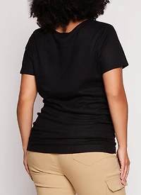 Womens Plus Size Waffle Knit Crew Neck Ruched Tee, Black, Size 2X