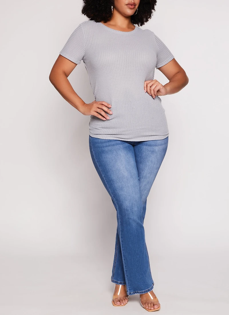 Womens Plus Size Waffle Knit Crew Neck Ruched Tee, Grey, Size 2X