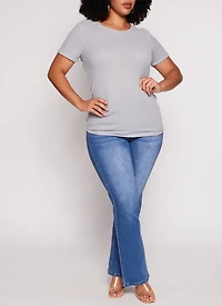 Womens Plus Size Waffle Knit Crew Neck Ruched Tee, Grey, Size 2X