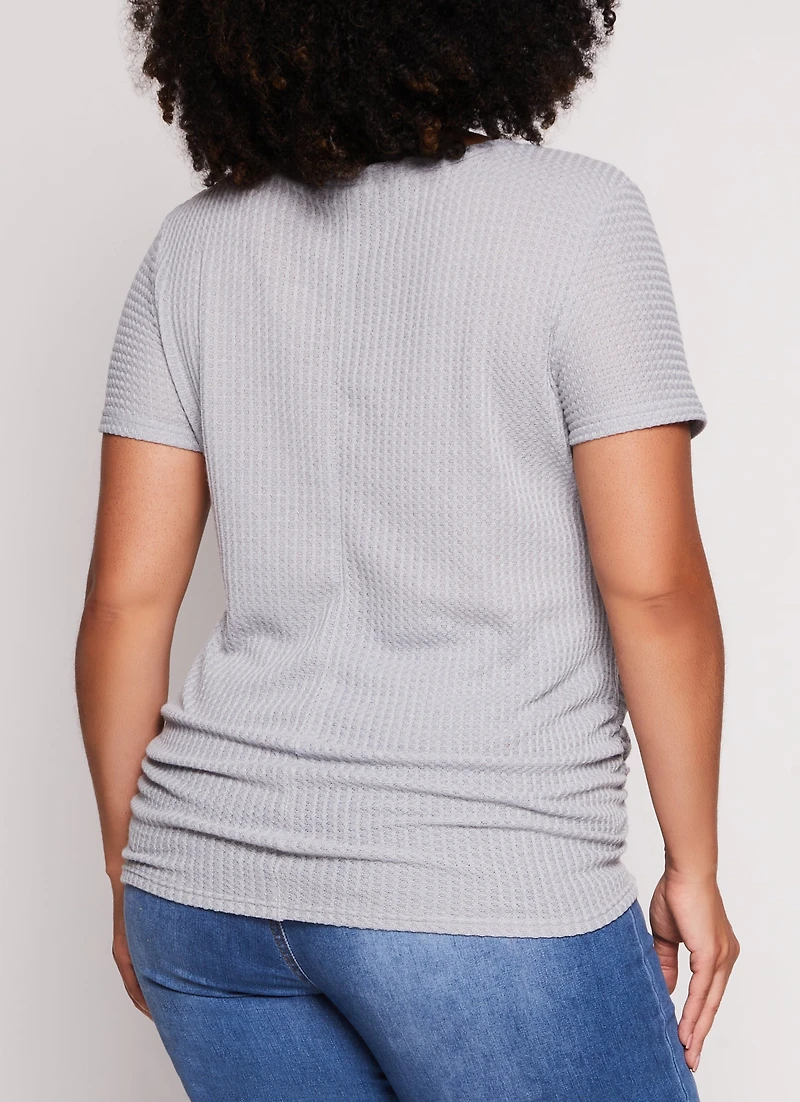 Womens Plus Size Waffle Knit Crew Neck Ruched Tee, Grey, Size 2X
