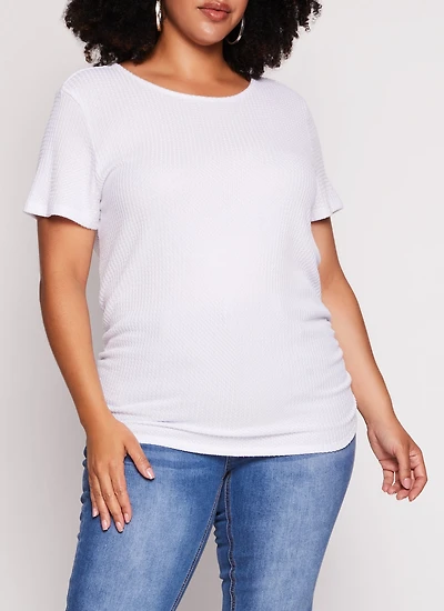 Womens Plus Size Waffle Knit Crew Neck Ruched Tee, White, Size 2X