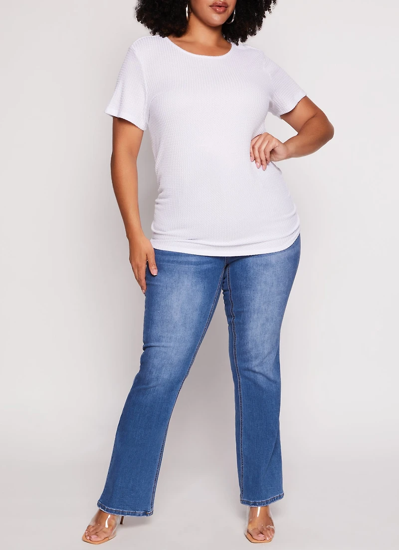 Womens Plus Size Waffle Knit Crew Neck Ruched Tee, White, Size 1X
