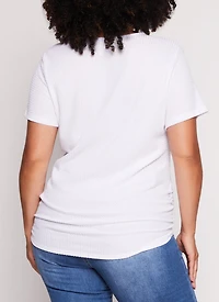 Womens Plus Size Waffle Knit Crew Neck Ruched Tee, White, Size 2X