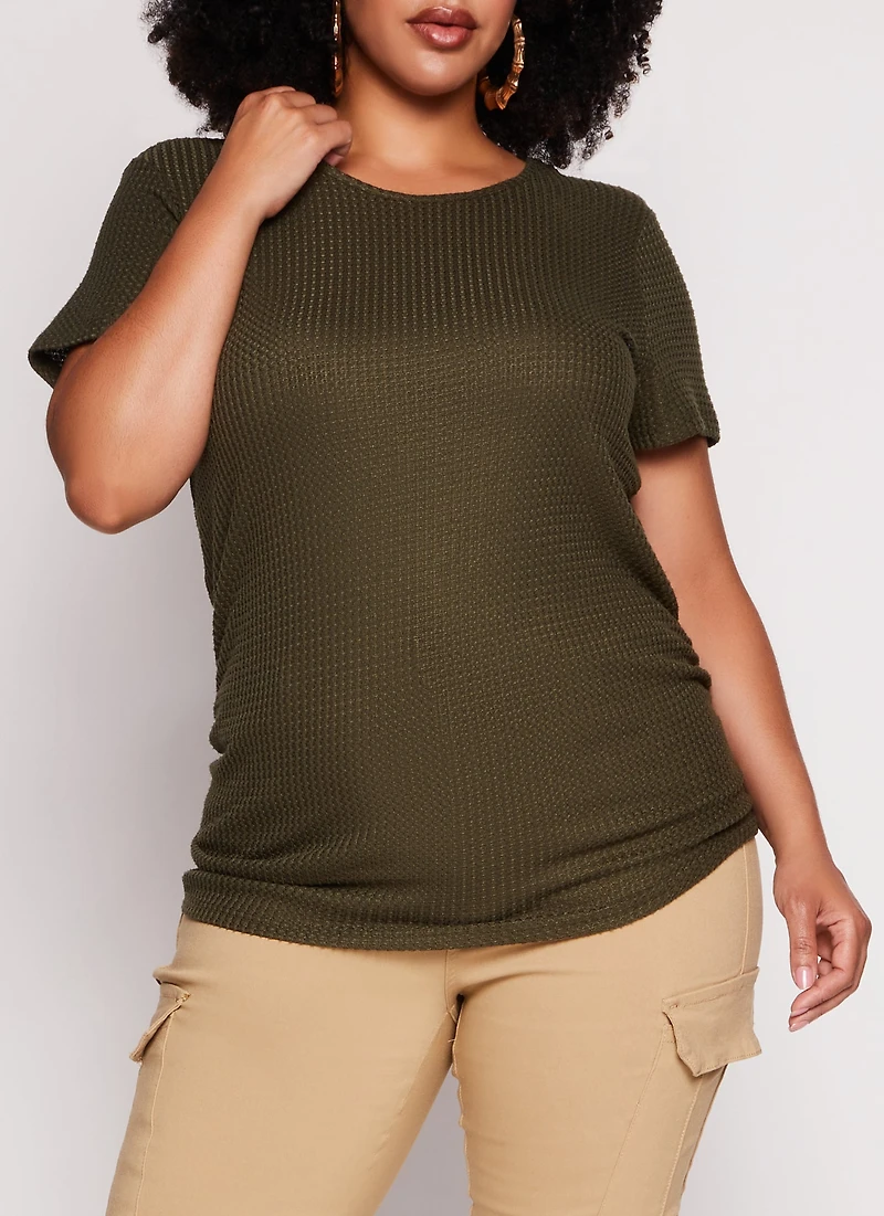 Plus Waffle Knit Crew Neck Ruched Tee