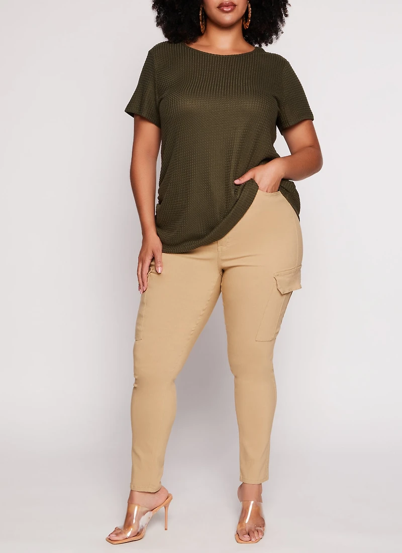 Plus Waffle Knit Crew Neck Ruched Tee