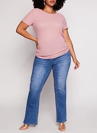 Womens Plus Waffle Knit Crew Neck Ruched Tee, Pink,