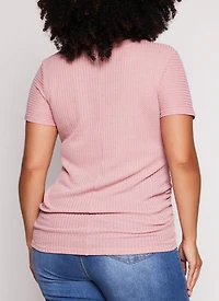 Womens Plus Waffle Knit Crew Neck Ruched Tee, Pink,