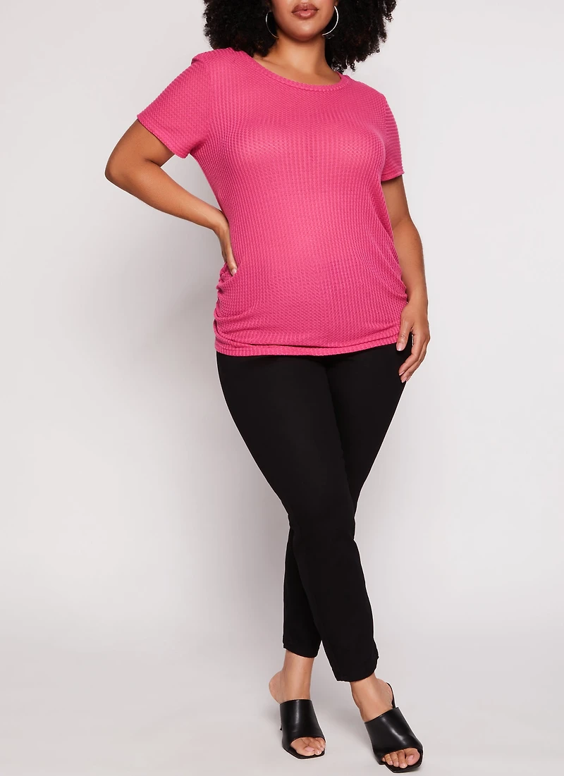Womens Plus Waffle Knit Crew Neck Ruched Tee, Pink,
