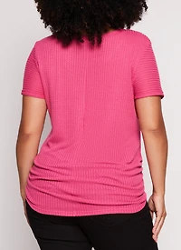 Womens Plus Size Waffle Knit Crew Neck Ruched Tee, Pink, Size 1X