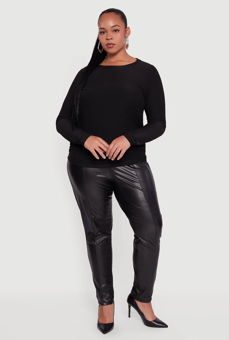 Womens Plus Ruched Long Sleeve Solid Crew Neck Top,