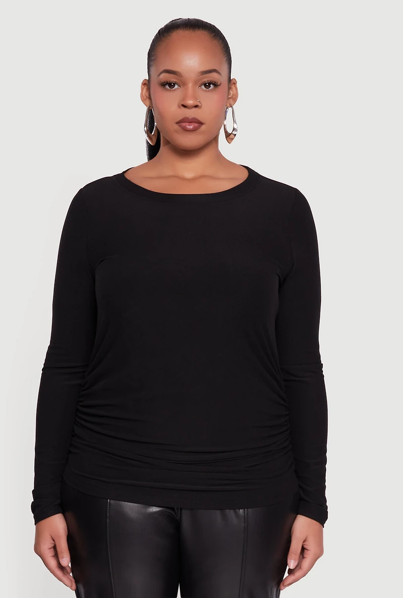 Womens Plus Ruched Long Sleeve Solid Crew Neck Top,